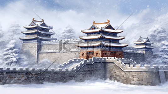 古建筑城墙周围雪景插画5