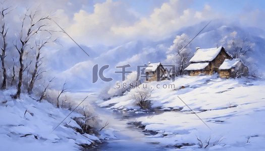 冬天风景雪地房屋梅花树山水河流