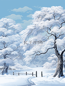 天门山雾凇插画图片_参天大树雪中雾凇美景插画2