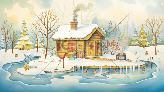 冰雪覆盖插画图片_冰雪覆盖的小屋烟雾升起10