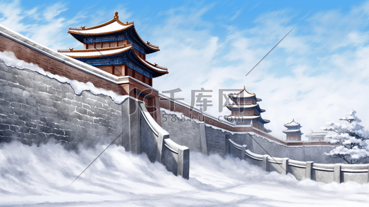 福建红砖插画图片_古建筑城墙周围雪景插画11