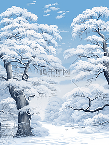 压雪插画图片_参天大树雪中雾凇美景插画22