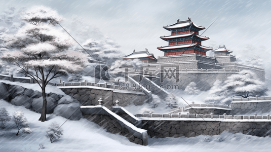 福建红砖插画图片_古建筑城墙周围雪景插画4