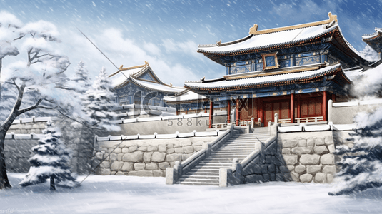 古建筑城墙周围雪景插画8