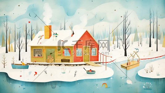 冰雪覆盖插画图片_冰雪覆盖的小屋烟雾升起3