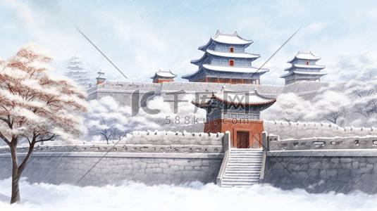古建筑城墙周围雪景插画10