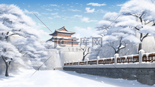 古建筑城墙周围雪景插画3