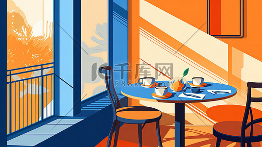 高档纸箱插画图片_高档餐厅内部橙色和蓝色2