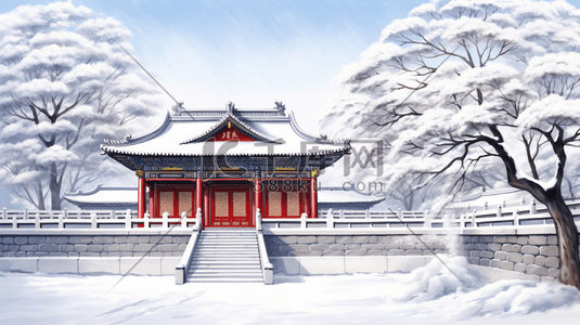 古建筑城墙周围雪景插画16