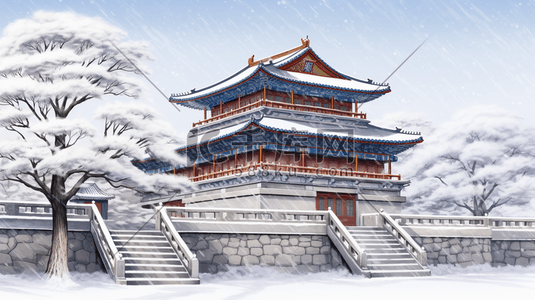 古建筑城墙周围雪景插画2