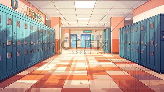 教室走廊插画图片_学校走廊的储物柜20