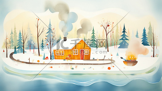 冰雪覆盖插画图片_冰雪覆盖的小屋烟雾升起6