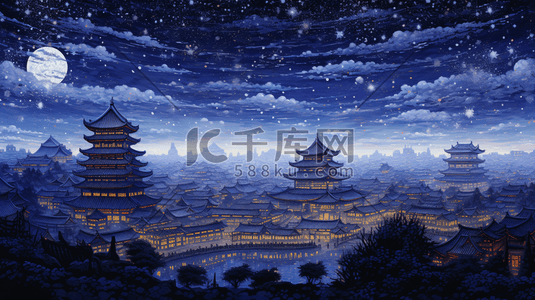 中国古代城镇节日庆典夜景插画3