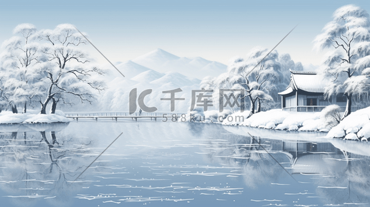 冰雪融化时湖面周围景物插画8