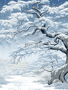 雪压插画图片_参天大树雪中雾凇美景插画7