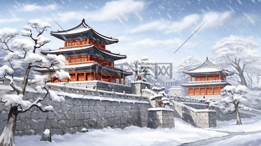 古建筑城墙周围雪景插画21