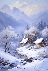 梅梅插画图片_冬天风景雪地房屋梅花树山水河流