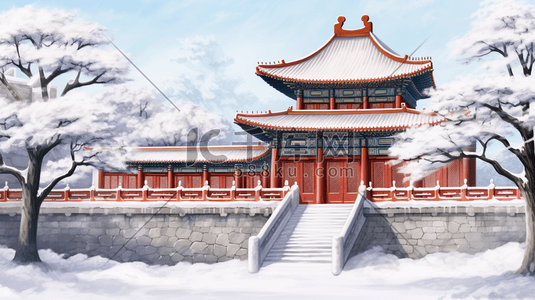 古建筑城墙周围雪景插画17