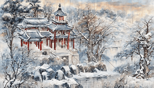 冬天风景中国画国风水墨山水