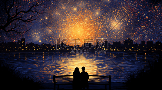 情侣在湖边欣赏湖对岸的烟花表演插画5