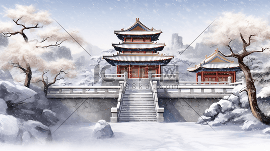 古建筑城墙周围雪景插画12