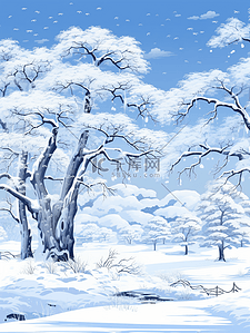 压雪插画图片_参天大树雪中雾凇美景插画36