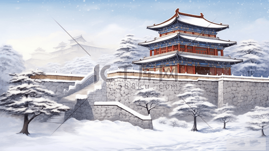 古建筑城墙周围雪景插画19