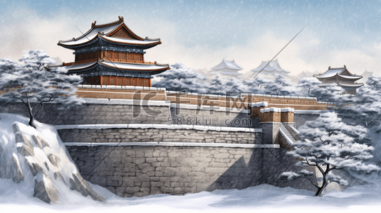 福建红砖插画图片_古建筑城墙周围雪景插画13