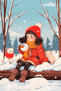 手绘插画冬天可爱女孩小猫雪景