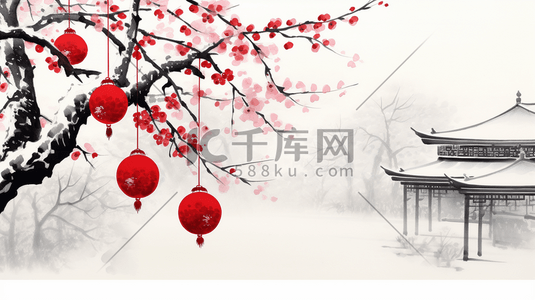 挂红包的树插画图片_春节红梅树和灯笼插画9