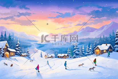 冬天唯美滑雪雪景雪山手绘插画