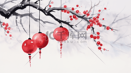 春节红梅树和灯笼插画6
