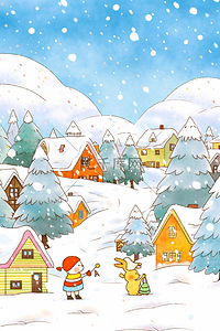 手绘冬天唯美风景下雪插画