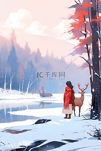 驯鹿唯美插画图片_手绘冬天唯美风景女孩驯鹿插画