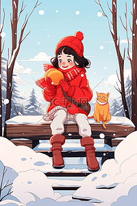 墩插画图片_可爱女孩小猫雪景手绘冬天插画