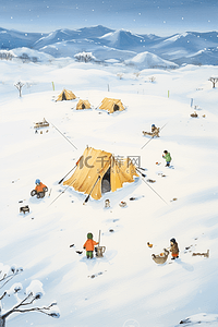 下雪的效果插画图片_白雪露营卡通手绘插画冬天