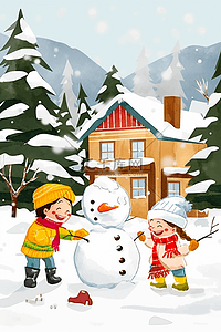 毛线帽子插画图片_孩子一起堆雪人卡通冬天手绘插画