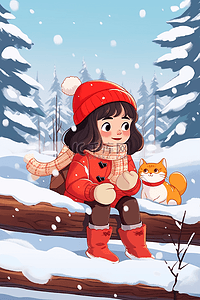 可爱女孩冬天小猫雪景手绘插画