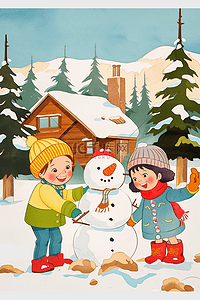 蓝色的裤子插画图片_冬天卡通孩子一起堆雪人手绘插画