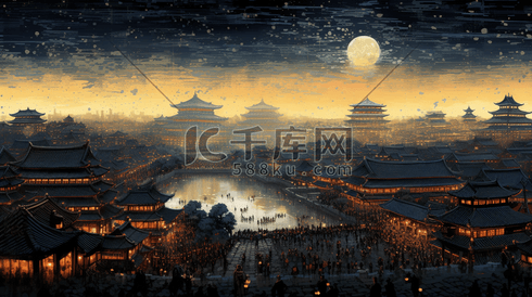 繁荣的中国古代城镇夜景插画20