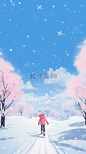 粉色可爱雪花插画图片_冬天唯美手绘雪景女孩滑雪元素