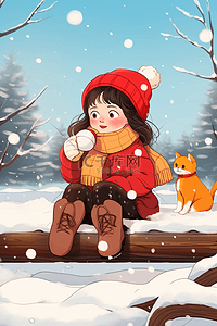 冬天可爱女孩小猫插画雪景手绘