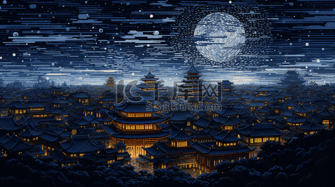 中国古代城镇圆月夜景插画9