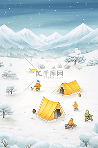下雪的效果插画图片_卡通冬天手绘白雪露营插画