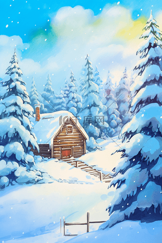 冬天雪景唯美手绘插画