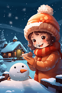 冬天可爱女孩手绘雪人夜晚插画