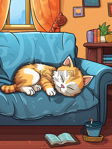 猫在沙发上插画图片_猫睡在沙发上卡通2