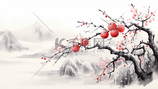 春节红梅树和灯笼插画1