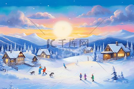 唯美雪景滑雪雪山冬天手绘插画