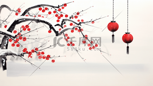 挂红包的树插画图片_春节红梅树和灯笼插画17